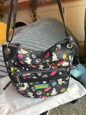 Lily Bloom Kathryn Black Shoulder Hobo Bag with Cat & Sushi Meow We Roll Print